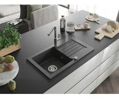 Granitinė virtuvinė plautuvė Mexen Pablo su maišytuvu ir sifonu, Juodas granite+Chrome