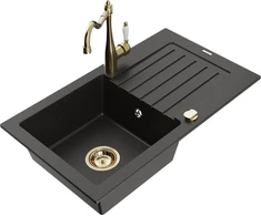 Granitinė virtuvinė plautuvė Mexen Pablo su maišytuvu ir sifonu, Metallic juodas/auksinis+Gold