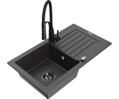 Granitinė virtuvinė plautuvė Mexen Pablo su maišytuvu ir sifonu, Juodas granite+Juodas