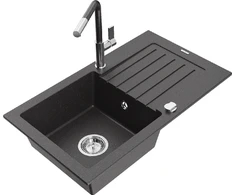 Granitinė virtuvinė plautuvė Mexen Pablo su maišytuvu ir sifonu, Juodas granite+Juodas granite/Chrome