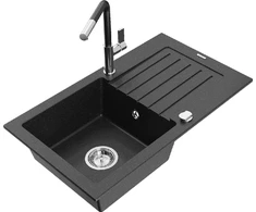 Granitinė virtuvinė plautuvė Mexen Pablo su maišytuvu ir sifonu, Metallic juodas/sidabrinis+Juodas/Chrome