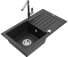 Granitinė virtuvinė plautuvė Mexen Pablo su maišytuvu ir sifonu, Metallic juodas/sidabrinis+Chrome