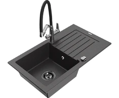 Granitinė virtuvinė plautuvė Mexen Pablo su maišytuvu ir sifonu, Juodas granite+Juodas/Chrome