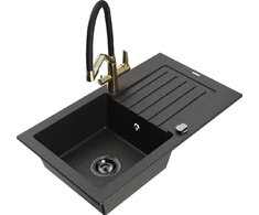 Granitinė virtuvinė plautuvė Mexen Pablo su maišytuvu ir sifonu, Metallic juodas/auksinis+Juodas/Gold