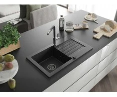 Granitinė virtuvinė plautuvė Mexen Pablo su maišytuvu ir sifonu, Metallic juodas/sidabrinis+Juodas/Chrome