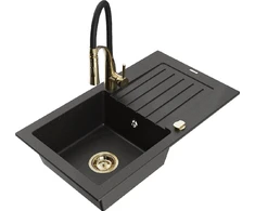 Granitinė virtuvinė plautuvė Mexen Pablo su maišytuvu ir sifonu, Metallic juodas/auksinis+Juodas/Gold