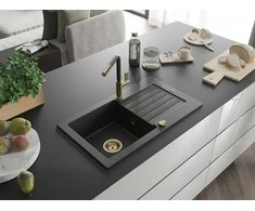 Granitinė virtuvinė plautuvė Mexen Pablo su maišytuvu ir sifonu, Metallic juodas/sidabrinis+Juodas/Gold