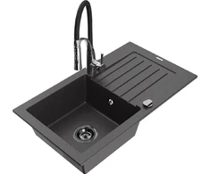 Granitinė virtuvinė plautuvė Mexen Pablo su maišytuvu ir sifonu, Juodas granite+Juodas/Chrome