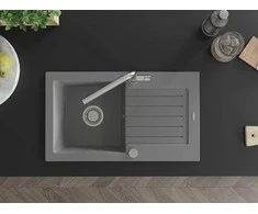Granitinė virtuvinė plautuvė Mexen Pablo su maišytuvu ir sifonu, Pilkas+Chrome
