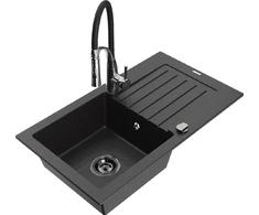 Granitinė virtuvinė plautuvė Mexen Pablo su maišytuvu ir sifonu, Metallic juodas/sidabrinis+Juodas/Chrome