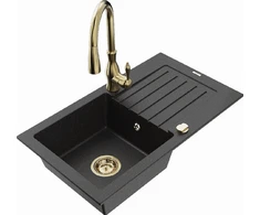 Granitinė virtuvinė plautuvė Mexen Pablo su maišytuvu ir sifonu, Metallic juodas/sidabrinis+Gold