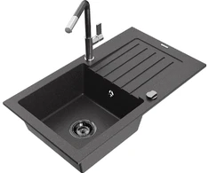 Granitinė virtuvinė plautuvė Mexen Pablo su maišytuvu ir sifonu, Juodas granite+Juodas granite/Chrome