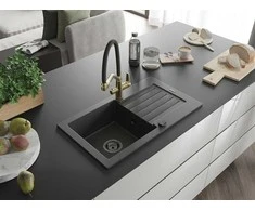 Granitinė virtuvinė plautuvė Mexen Pablo su maišytuvu ir sifonu, Juodas granite+Juodas/Gold