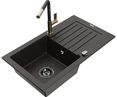 Granitinė virtuvinė plautuvė Mexen Pablo su maišytuvu ir sifonu, Metallic juodas/auksinis+Juodas/Gold