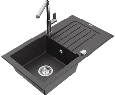 Granitinė virtuvinė plautuvė Mexen Pablo su maišytuvu ir sifonu, Juodas granite+Chrome