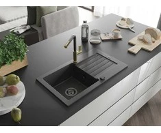 Granitinė virtuvinė plautuvė Mexen Pablo su maišytuvu ir sifonu, Juodas granite+Juodas granite/Gold