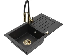 Granitinė virtuvinė plautuvė Mexen Pablo su maišytuvu ir sifonu, Metallic juodas/sidabrinis+Juodas/Gold