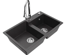 Granitinė virtuvinė plautuvė Mexen Tomas su maišytuvu ir sifonu, Juodas granite+Chrome