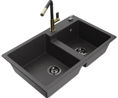 Granitinė virtuvinė plautuvė Mexen Tomas su maišytuvu ir sifonu, Juodas granite+Juodas/Gold