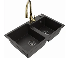 Granitinė virtuvinė plautuvė Mexen Tomas su maišytuvu ir sifonu, Metallic juodas/auksinis+Gold