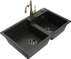 Granitinė virtuvinė plautuvė Mexen Tomas su maišytuvu ir sifonu, Metallic juodas/auksinis+Gold