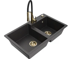 Granitinė virtuvinė plautuvė Mexen Tomas su maišytuvu ir sifonu, Juodas granite+Juodas/Gold