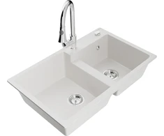 Granitinė virtuvinė plautuvė Mexen Tomas su maišytuvu ir sifonu, Baltas+Chrome