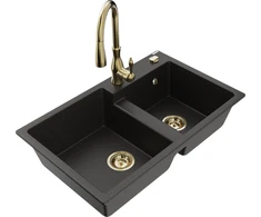 Granitinė virtuvinė plautuvė Mexen Tomas su maišytuvu ir sifonu, Metallic juodas/auksinis+Gold