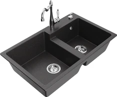 Granitinė virtuvinė plautuvė Mexen Tomas su maišytuvu ir sifonu, Juodas granite+Chrome