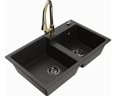 Granitinė virtuvinė plautuvė Mexen Tomas su maišytuvu ir sifonu, Metallic juodas/auksinis+Gold