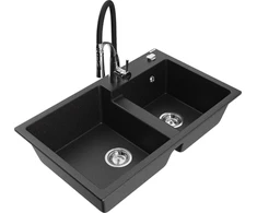 Granitinė virtuvinė plautuvė Mexen Tomas su maišytuvu ir sifonu, Metallic juodas/sidabrinis+Juodas/Chrome