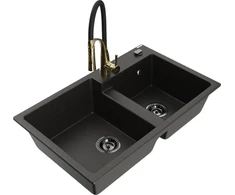 Granitinė virtuvinė plautuvė Mexen Tomas su maišytuvu ir sifonu, Metallic juodas/auksinis+Juodas/Gold