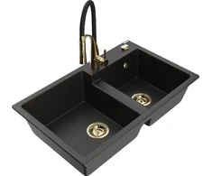 Granitinė virtuvinė plautuvė Mexen Tomas su maišytuvu ir sifonu, Metallic juodas/auksinis+Juodas/Gold