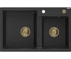 Granitinė virtuvinė plautuvė Mexen Tomas su sifonu, Metallic Juodas/Sidabrinis+Gold, 800 x 500 mm
