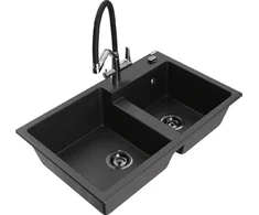 Granitinė virtuvinė plautuvė Mexen Tomas su maišytuvu ir sifonu, Metallic juodas/sidabrinis+Juodas/Chrome