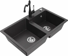 Granitinė virtuvinė plautuvė Mexen Tomas su maišytuvu ir sifonu, Juodas granite+Juodas