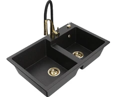 Granitinė virtuvinė plautuvė Mexen Tomas su maišytuvu ir sifonu, Metallic juodas/sidabrinis+Juodas/Gold