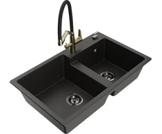 Granitinė virtuvinė plautuvė Mexen Tomas su maišytuvu ir sifonu, Metallic juodas/auksinis+Juodas/Gold