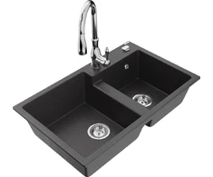 Granitinė virtuvinė plautuvė Mexen Tomas su maišytuvu ir sifonu, Juodas granite+Chrome