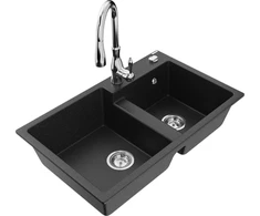 Granitinė virtuvinė plautuvė Mexen Tomas su maišytuvu ir sifonu, Metallic juodas/sidabrinis+Chrome