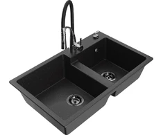Granitinė virtuvinė plautuvė Mexen Tomas su maišytuvu ir sifonu, Metallic juodas/sidabrinis+Juodas/Chrome