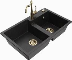 Granitinė virtuvinė plautuvė Mexen Tomas su maišytuvu ir sifonu, Metallic juodas/sidabrinis+Gold