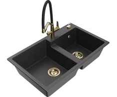 Granitinė virtuvinė plautuvė Mexen Tomas su maišytuvu ir sifonu, Juodas granite+Juodas/Gold