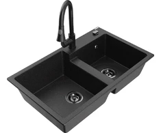 Granitinė virtuvinė plautuvė Mexen Tomas su maišytuvu ir sifonu, Metallic juodas/sidabrinis+Juodas