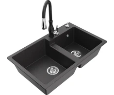 Granitinė virtuvinė plautuvė Mexen Tomas su maišytuvu ir sifonu, Juodas granite+Juodas