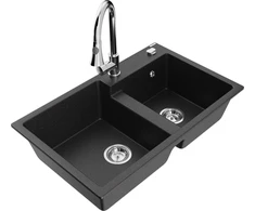 Granitinė virtuvinė plautuvė Mexen Tomas su maišytuvu ir sifonu, Metallic juodas/sidabrinis+Chrome