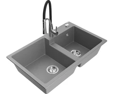 Granitinė virtuvinė plautuvė Mexen Tomas su maišytuvu ir sifonu, Pilkas+Juodas/Chrome
