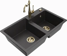Granitinė virtuvinė plautuvė Mexen Tomas su maišytuvu ir sifonu, Juodas granite+Gold