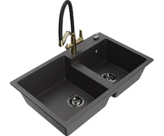 Granitinė virtuvinė plautuvė Mexen Tomas su maišytuvu ir sifonu, Juodas granite+Juodas/Gold