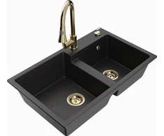 Granitinė virtuvinė plautuvė Mexen Tomas su maišytuvu ir sifonu, Metallic juodas/sidabrinis+Gold